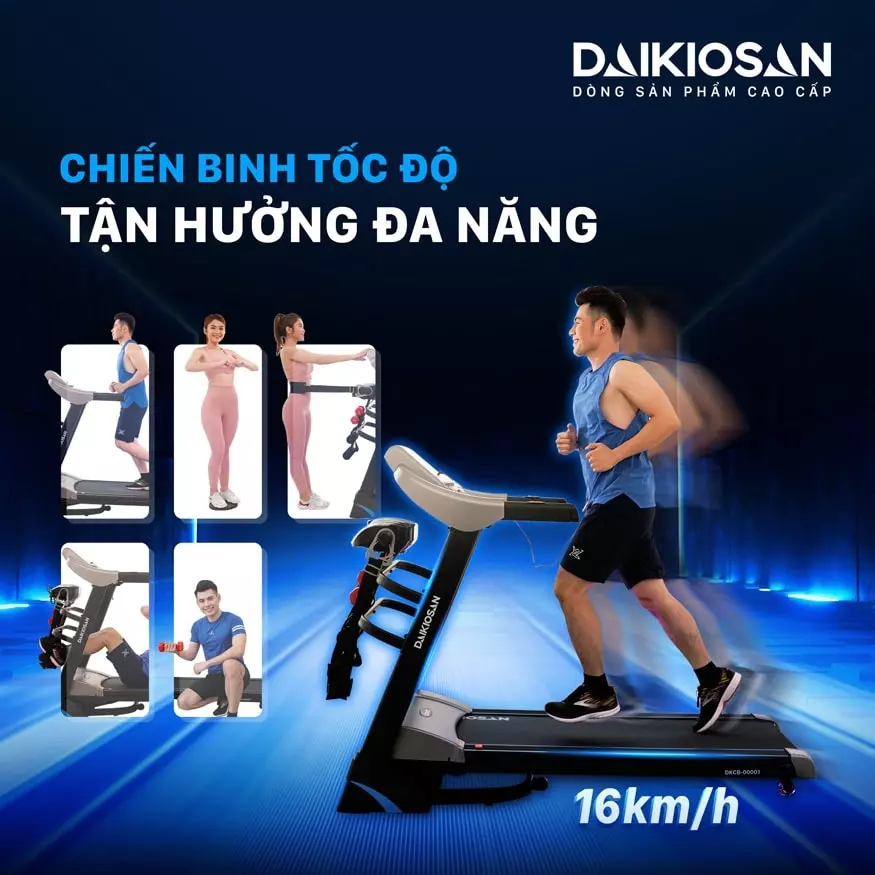 Máy chạy bộ Daikiosan DKCB-00001 kết hợp các dụng cụ bổ trợ như tạ tay, đai massage,... giúp quá trình giảm cân diễn ra nhanh chóng hơn