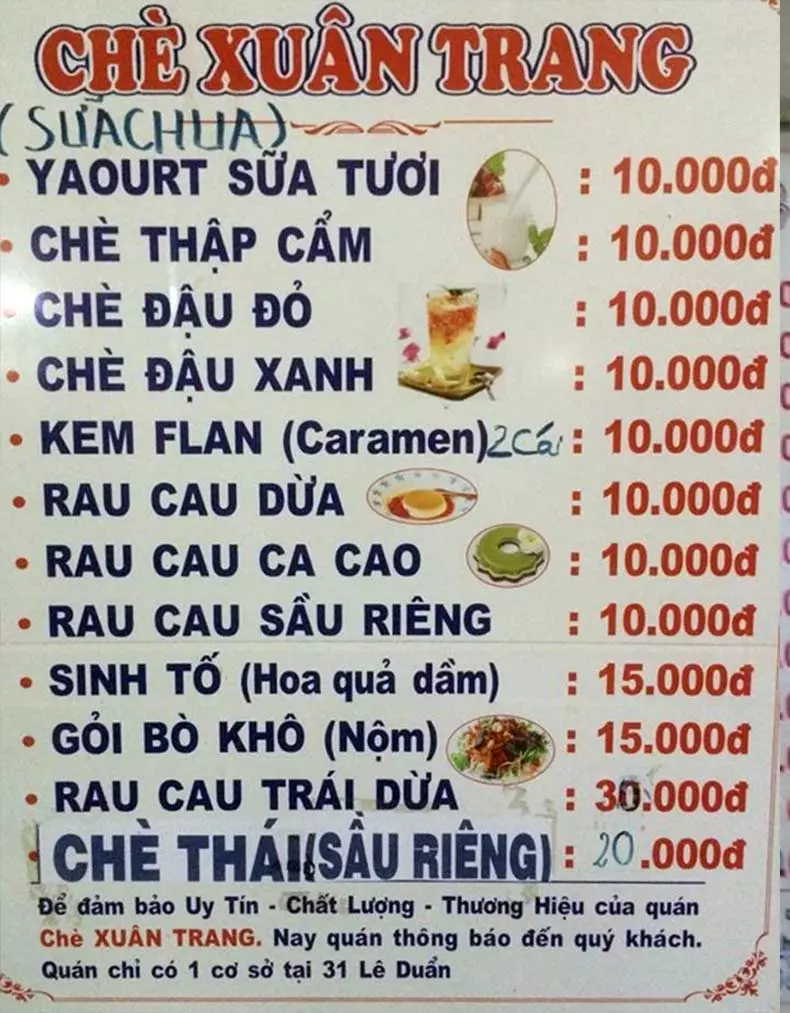 Chè Xuân Trang Đà Nẵng menu